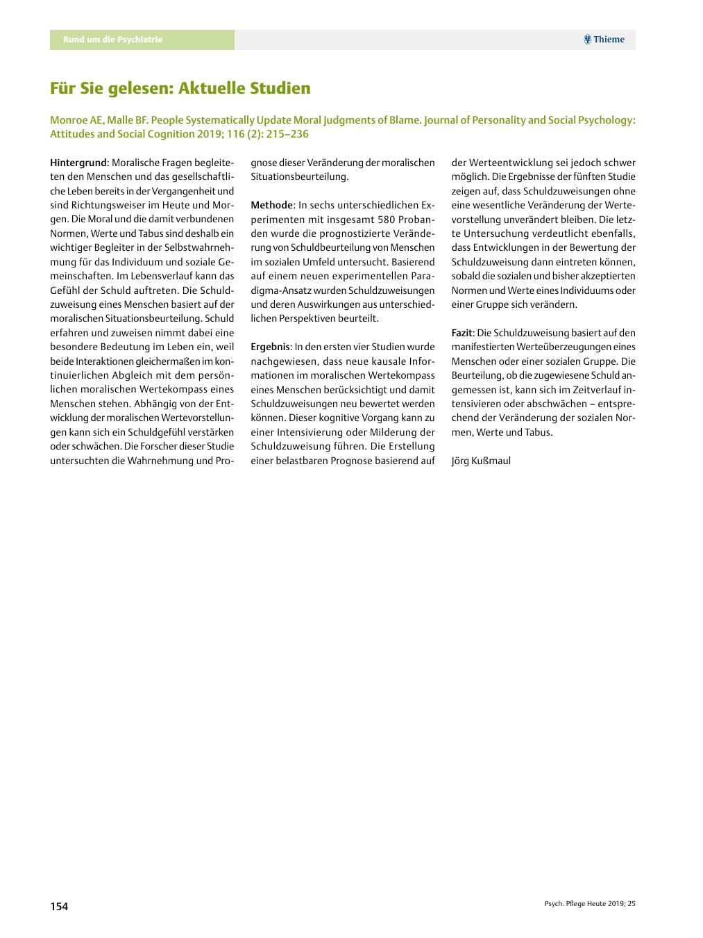 Vorschauseite 1: Für Sie gelesen: Aktuelle Studien: Monroe AE, Malle BF. People Systematically Update Moral Judgments of Blame. Journal of Personality and Social Psychology: Attitudes and Social C…