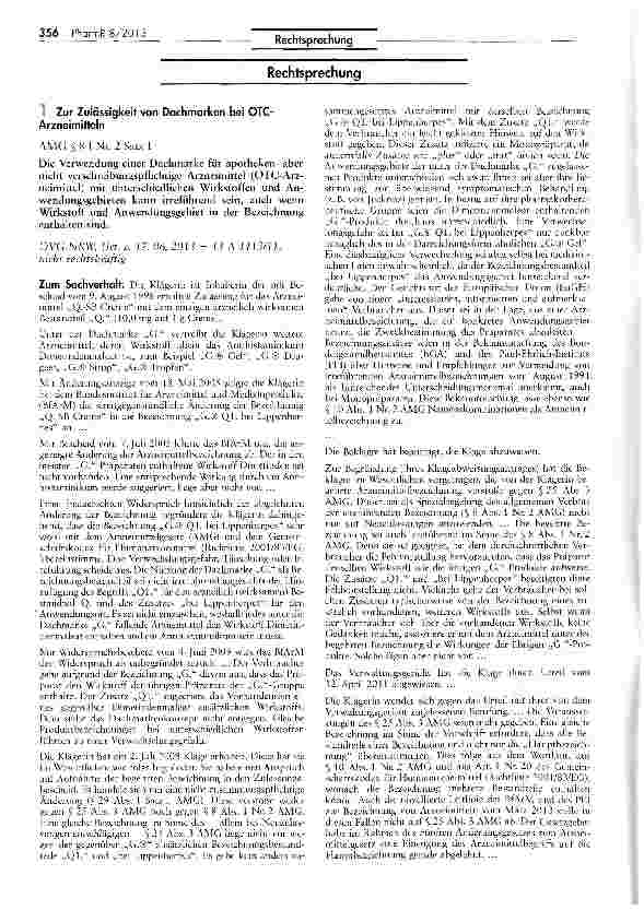 Vorschauseite 1: Zur Zulässigkeit von Dachmarken bei OTC-Arzneimitteln AMG $8 I Nr. 2 Satz 1