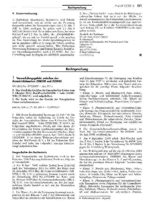 Vorschauseite 1: Verwechslungsgefahr zwischen den Arzneimittelmarken ZEBEXIR und ZEBINIX VO (HG) Nr. 207/2009 - Art. 8 I b