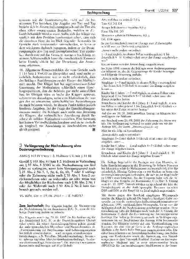 Vorschauseite 1: Verlängerung der Nachzulassung ohne Dosierungsveränderung AMG § 105 IV f Satz 1 2. Halbsatz i. V. mit $ 31 ITT