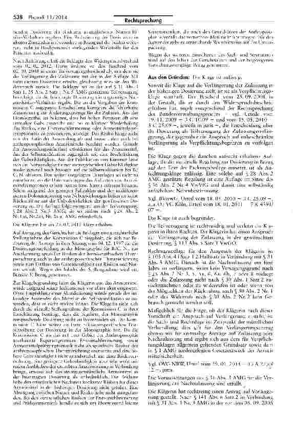 Vorschauseite 2: Verlängerung der Nachzulassung ohne Dosierungsveränderung AMG § 105 IV f Satz 1 2. Halbsatz i. V. mit $ 31 ITT