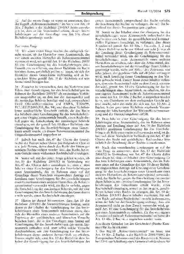 Vorschauseite 6: Begriff des Referenzarzneimittels im Sinne des Gemeinschaftskodexes für Humanarzneimittel RL 2001/83/EG Art. 8, 1, 8 II Buchst, a, 10a; EU-GRCharta Art. 47