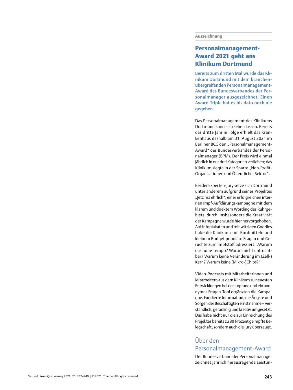 Vorschauseite 1: Auszeichnung - Personalmanagement-Award 2021 geht ans Klinikum Dortmund