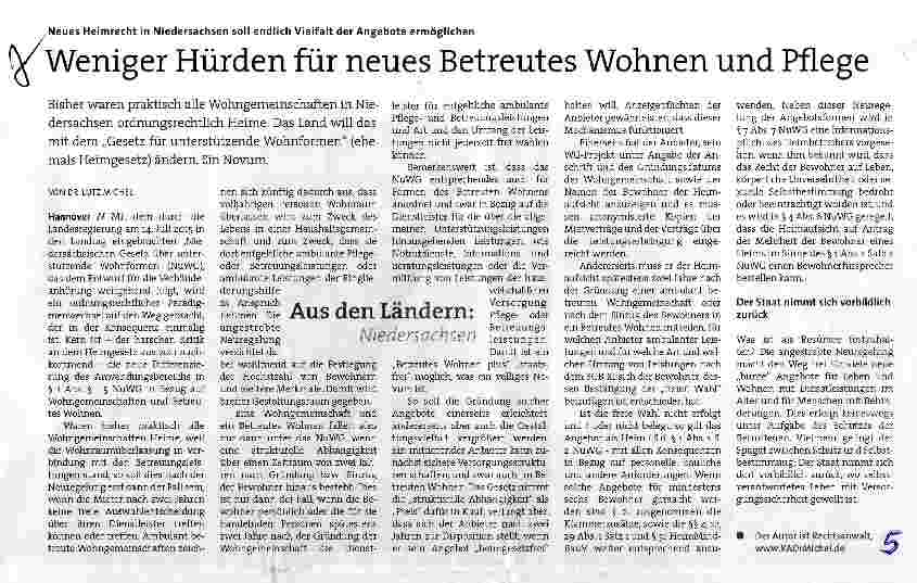 Vorschauseite 1: Weniger Hürden für neues Betreutes Wohnen und Pflege
