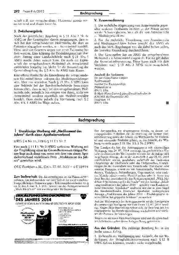 Vorschauseite 1: Unzulässige Werbung mit „Medikament des Jahres durch einen Apofhekerverband UWG § 4 Nr. 11; HWG § 11 I 1 Nr. 2