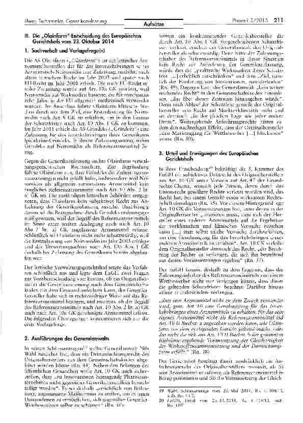 Vorschauseite 3: Die Drittanfechtung einer Generikazulassung durch den Originalhersteller nach der „Olainfarm-Entscheidung des Europäischen Gerichtshofs