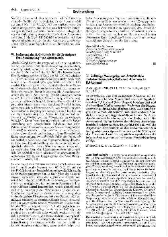 Vorschauseite 1: Zulässige Weitergabe von Arzneimitteln zwischen Inlands-Apotheke und Apotheke im EU-Ausland