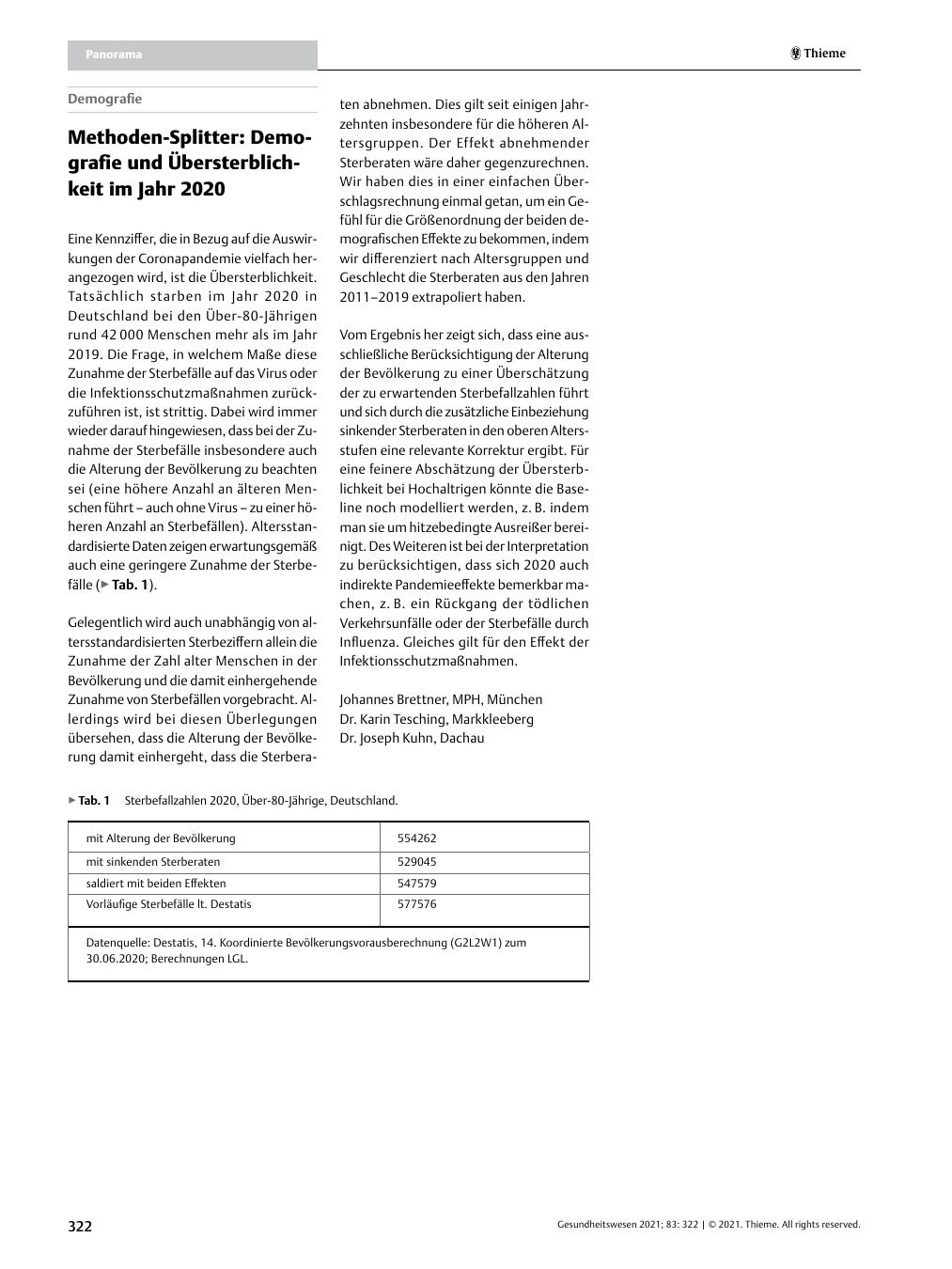 Vorschauseite 1: Methodensplitter: Demografie und Übersterblichkeit im Jahr 2020