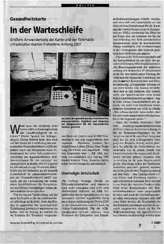 Vorschauseite 1: Gesundheitskarte In der WarteschleifeGrößere Anwendertests der Karte starten frühestens Anfang 2007