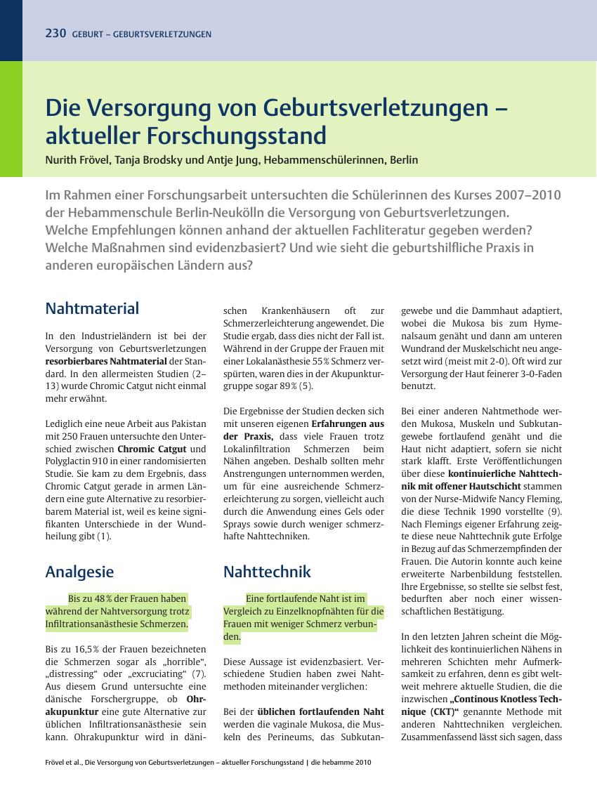 Vorschauseite 1: Die Versorgung von Geburtsverletzungen – aktueller Forschungsstand