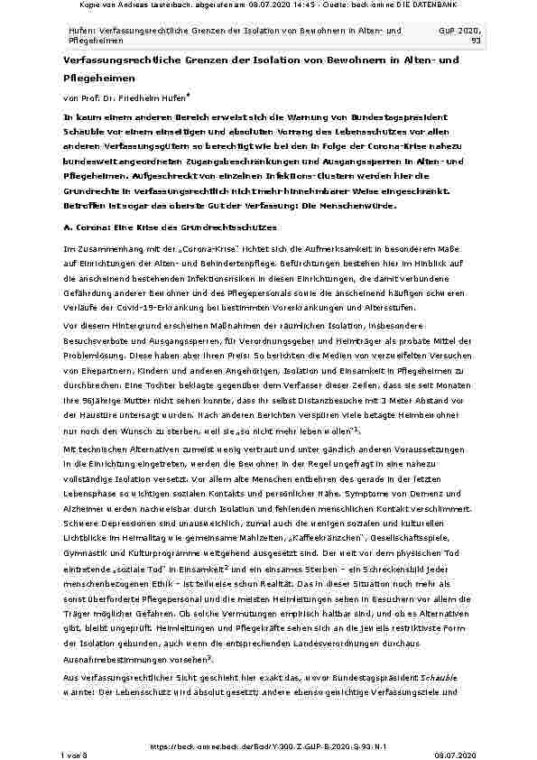 Vorschauseite 1: Verfassungsrechtliche Grenzen der Isolation von Bewohnern in Altenund Pflegeheimen
