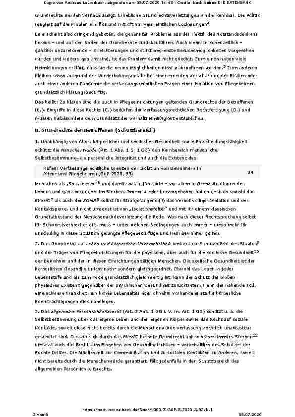 Vorschauseite 2: Verfassungsrechtliche Grenzen der Isolation von Bewohnern in Altenund Pflegeheimen