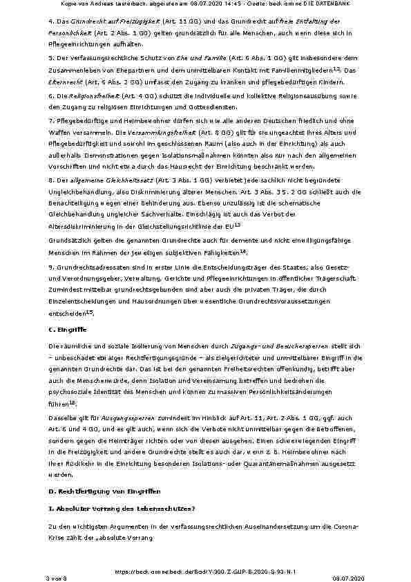 Vorschauseite 3: Verfassungsrechtliche Grenzen der Isolation von Bewohnern in Altenund Pflegeheimen