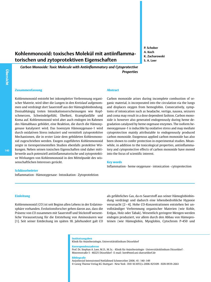 Vorschauseite 1: Kohlenmonoxid: toxisches Molekül mit antiinflammatorischen und zytoprotektiven Eigenschaften