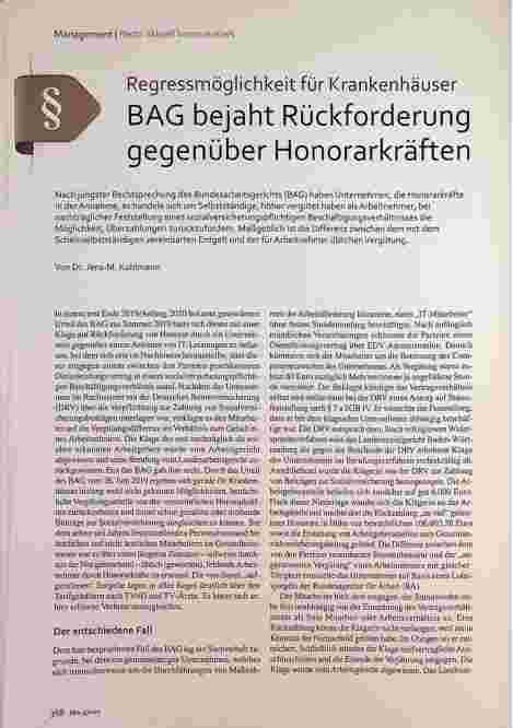 Vorschauseite 1: Regressmöglichkeit für Krankenhäuser: BAG bejaht Rückforderung gegenüber Honorarkräften