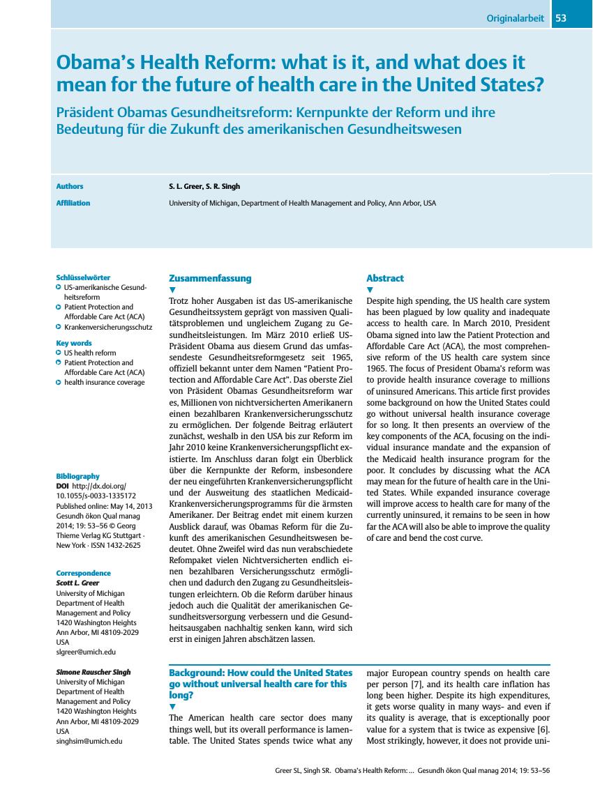 Vorschauseite 1: Obama’s Health Reform: what is it, and what does it mean for the future of health care in the United States?