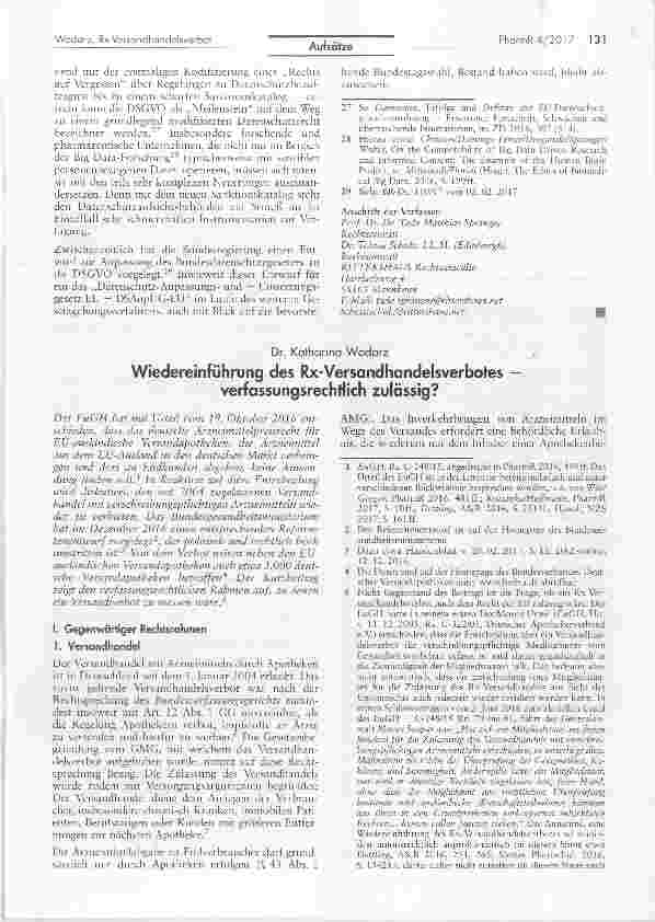 Vorschauseite 1: Wiedereinführung des Rx-Versandhandelsverbotes —verfassungsrechtlich zulässig?