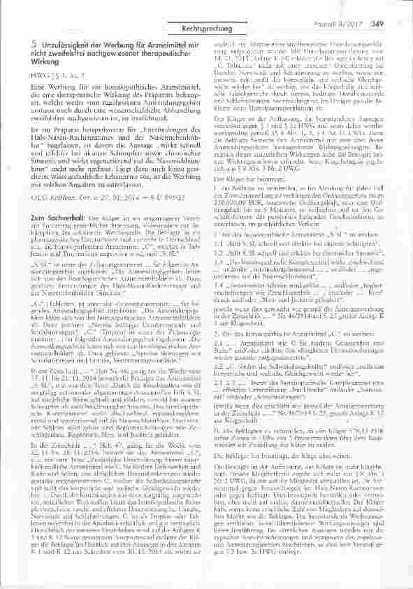 Vorschauseite 1: Unzulässigkeit der Werbung für Arzneimittel mit nicht zweifelsfrei nachgewiesener therapeutischer Wirkung
