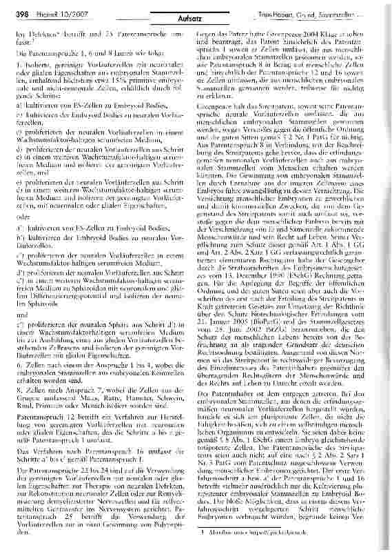 Vorschauseite 2: Die Früchte des verbotenen Baumes? Die Patentierung von Stammzellennach dem Brüstle-Urteil des Bundespatentgerichts und möglicheFernwirkungen für die pharmazeutische Industrie