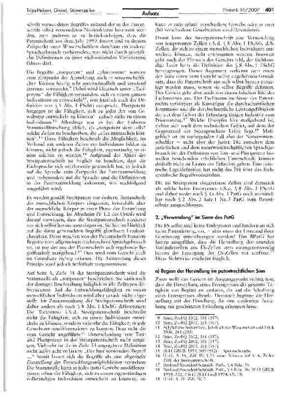 Vorschauseite 5: Die Früchte des verbotenen Baumes? Die Patentierung von Stammzellennach dem Brüstle-Urteil des Bundespatentgerichts und möglicheFernwirkungen für die pharmazeutische Industrie