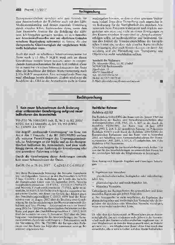 Vorschauseite 1: Kein neuer Schutzzeitraum durch Änderung einer umfassenden Genehmiqung aufgrund neuer Indikationen des Arzneimittels