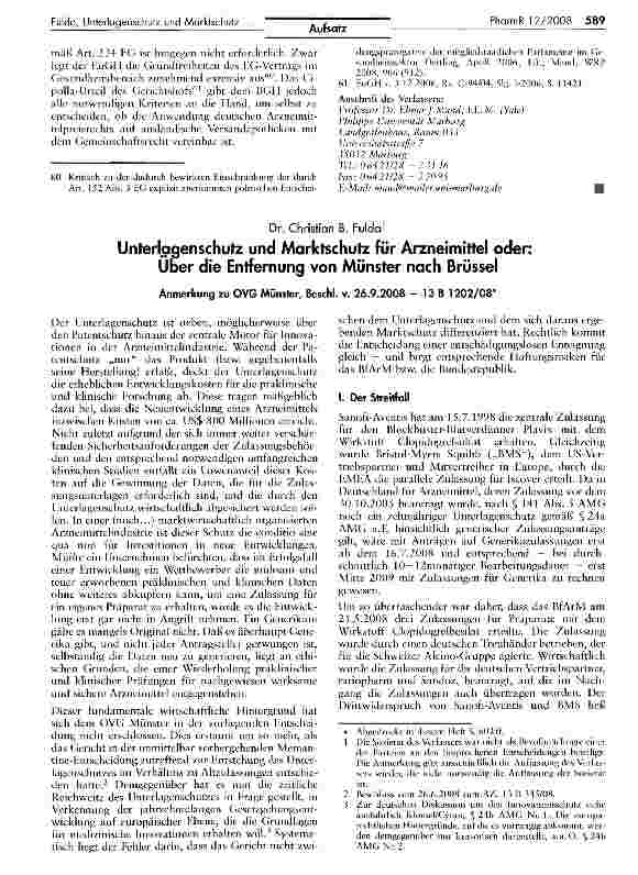 Vorschauseite 1: Unterlagenschutz und Marktschutz für Arzneimittel oder: Über die Entfernung von Münster nach Brüssel