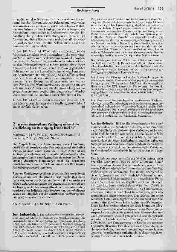 Vorschauseite 1: ln einer einstweiligen Verfügung umfasst die Verpflichtung zur Beseitigung keinen Rückruf