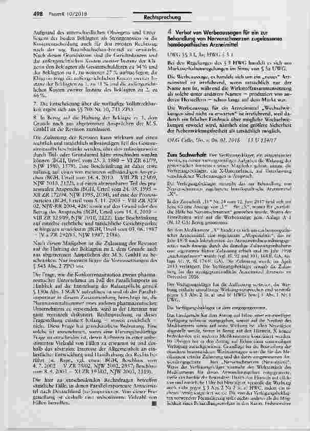 Vorschauseite 1: Verbot von Werbeaussagen für ein zur Behandlung von Nervenschmerzen zugelassenes homöopathisches Arzneimittel UWG §§ 3 I, 3a; HWG § 3 1