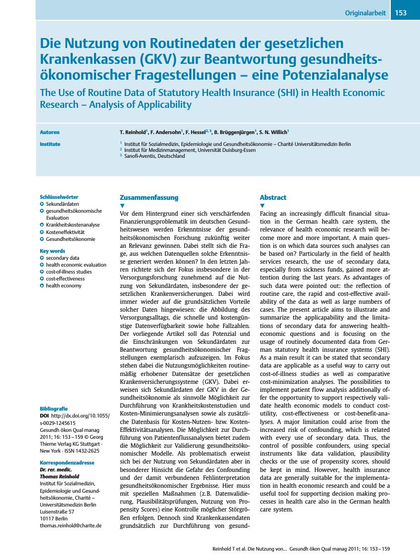 Vorschauseite 1: Die Nutzung von Routinedaten der gesetzlichen Krankenkassen (GKV) zur Beantwortung gesundheitsökonomischer Fragestellungen – eine Potenzialanalyse