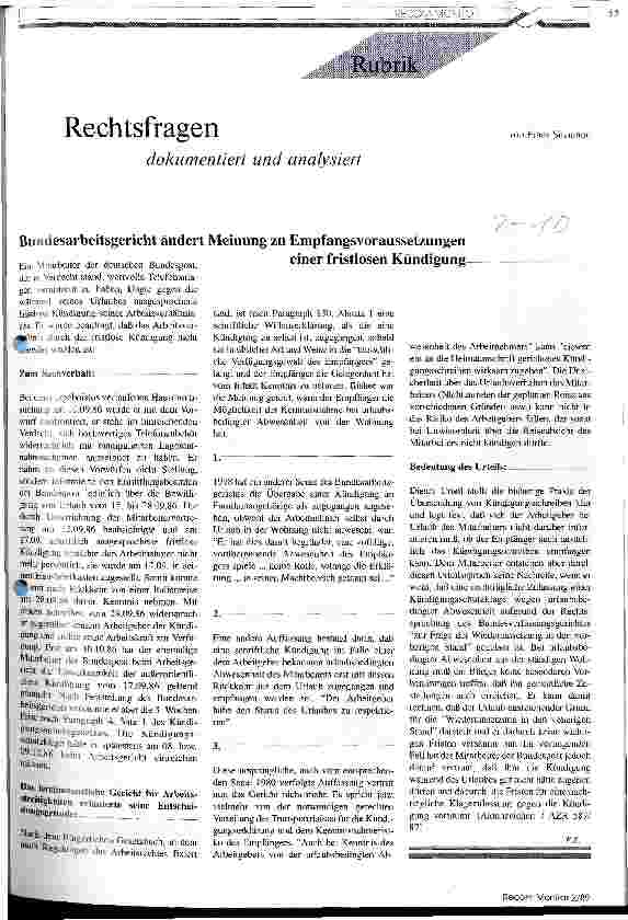 Vorschauseite 1: Rechtsfragen dokumentiert und analysiert Bundesarbeitsgericht ändert Meinung zu Empfangsvoraussetzungen