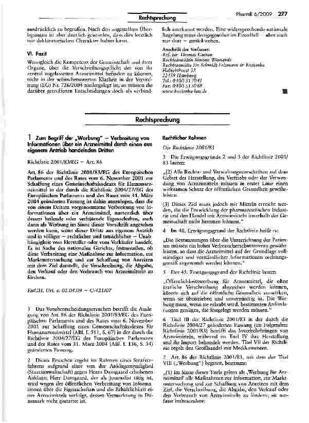 Vorschauseite 1: Zum Begriff der „Werbung — Verbreitung von Informationen über ein Arzneimittel durch einen aus eigenem Antrieb handelnden Dritten