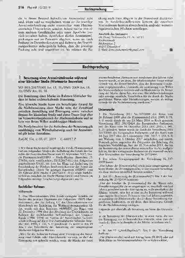 Vorschauseite 1: Benutzung einer Arzneimittelmarke während einer klinischer Studie (Wortmarke Boswelan)