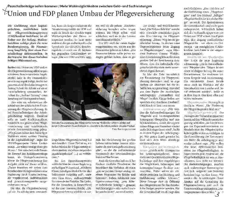 Vorschauseite 1: Union und FDP planen Umbau der Pflegeversicherung