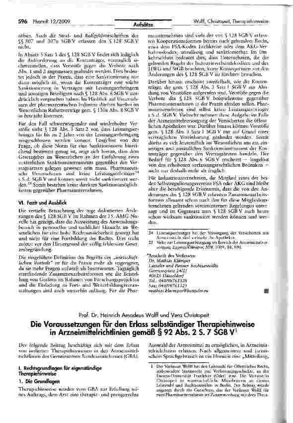 Vorschauseite 1: Die Voraussetzungen für den Erlass selbständiger Therapiehinweise in Arzneimittelrichtlinien gemäß § 92 Abs. 2 S. 7 SGB V1