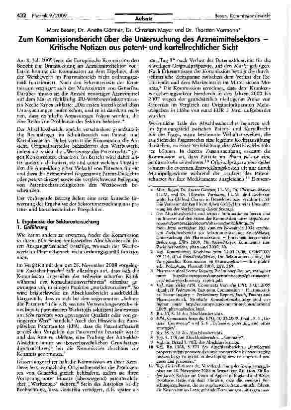 Vorschauseite 1: Zum Kommissionsbericht über die Untersuchung des Arzneimittelsektors — Kritische Notizen aus patentund kartellrechtlicher Sicht