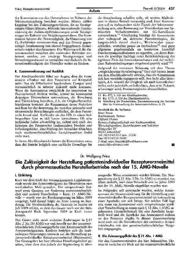 Vorschauseite 6: Zum Kommissionsbericht über die Untersuchung des Arzneimittelsektors — Kritische Notizen aus patentund kartellrechtlicher Sicht