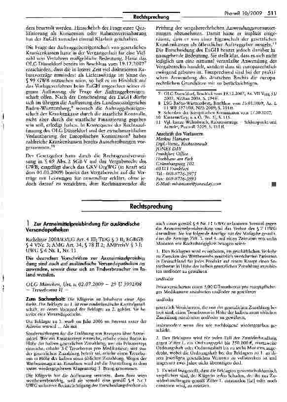 Vorschauseite 1: Zur Arzneimittelpreisbindung für ausländische Versandapotheken