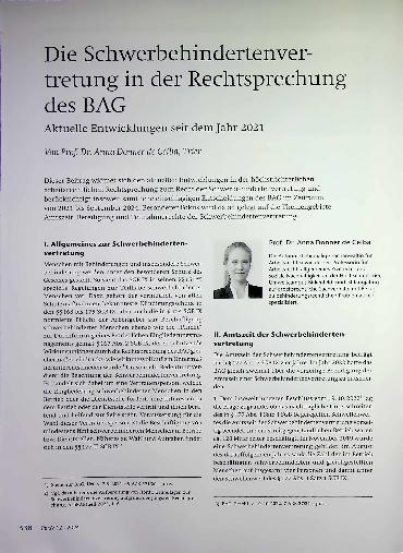 Vorschauseite 1: Die Schwerbehindertenvertretung in der Rechtsprechung des BAG. Aktuelle Entwicklungen seit dem Jahr 2021.