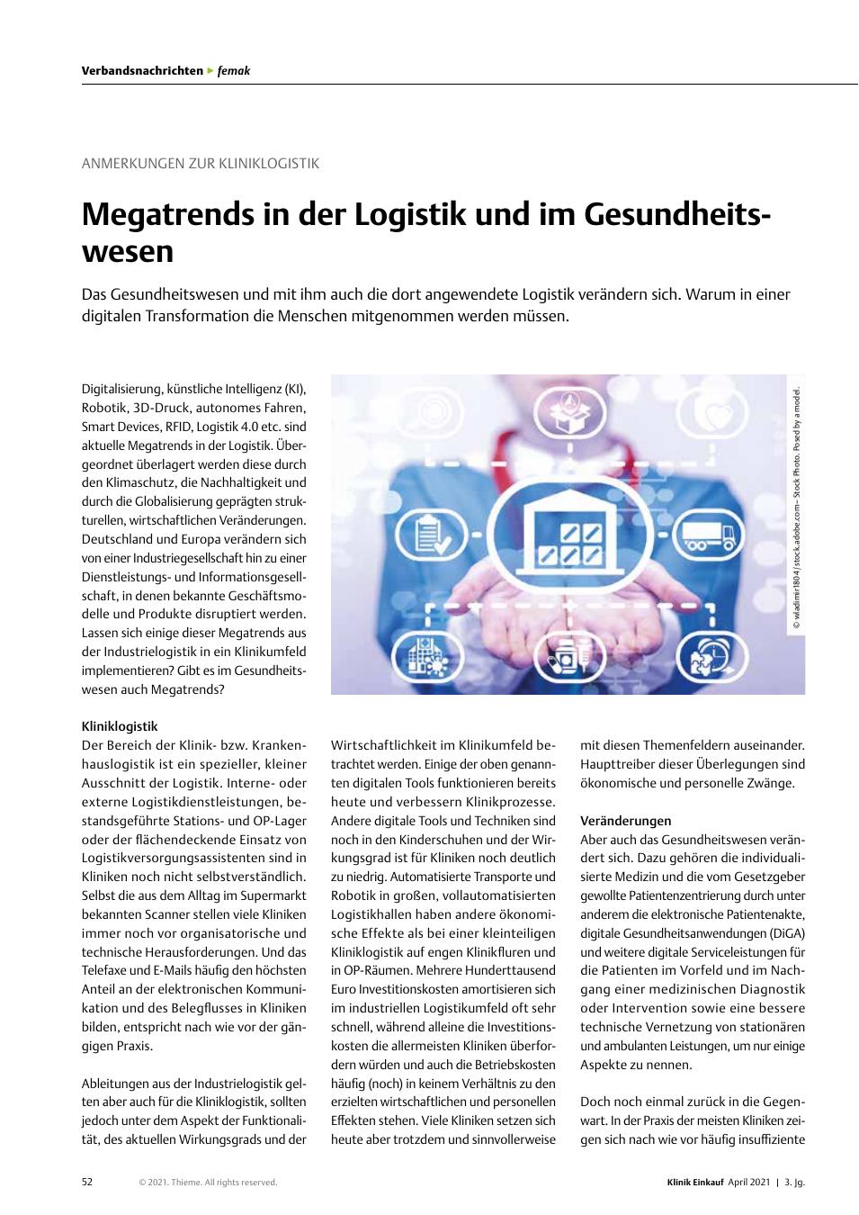 Vorschauseite 1: Anmerkungen zur Kliniklogistik: Megatrends in der Logistik und im Gesundheitswesen