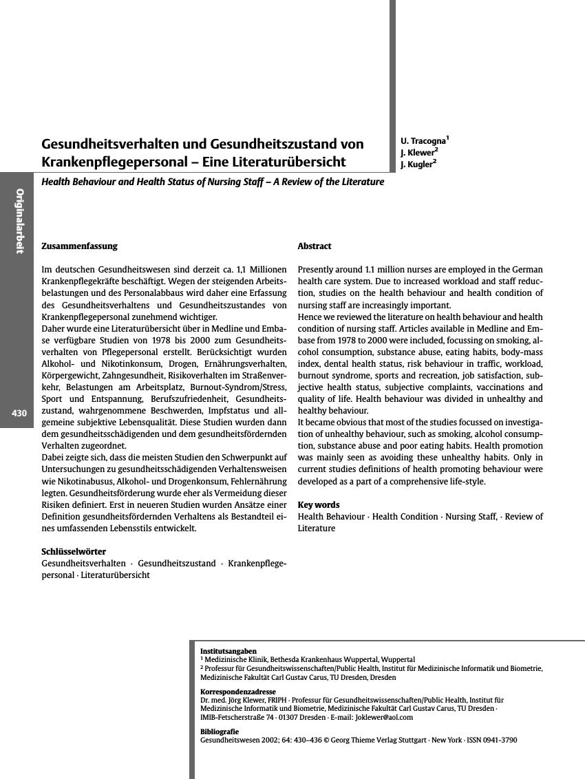 Vorschauseite 1: Gesundheitsverhalten und Gesundheitszustand von Krankenpflegepersonal - Eine Literaturübersicht