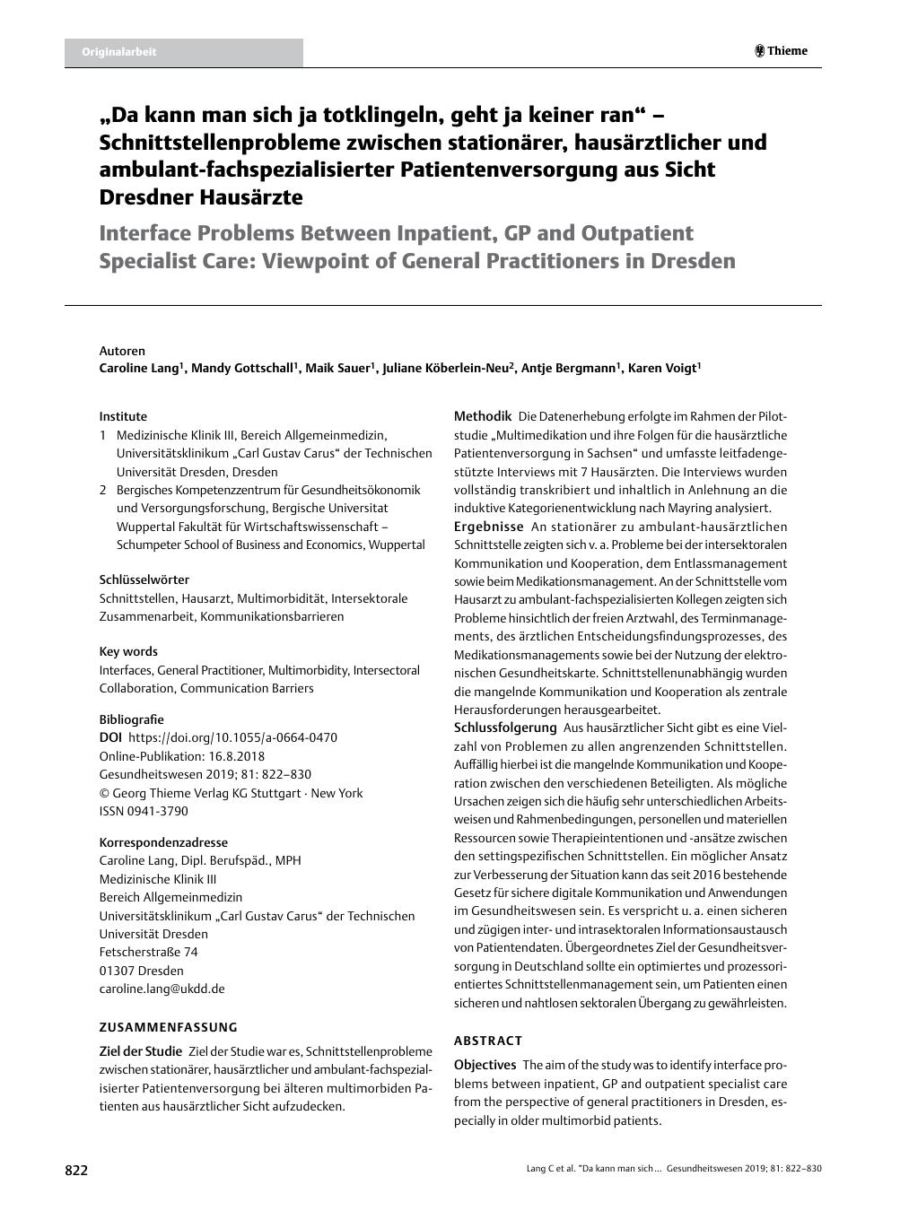 Vorschauseite 1: „Da kann man sich ja totklingeln, geht ja keiner ran“ – Schnittstellenprobleme zwischen stationärer, hausärztlicher und ambulant-fachspezialisierter Patientenversorgung aus Sicht…