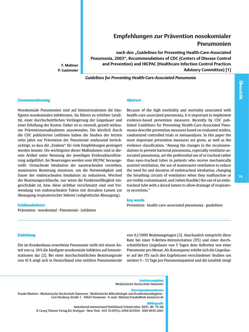 Vorschauseite 1: Empfehlungen zur Prävention nosokomialer Pneumonien