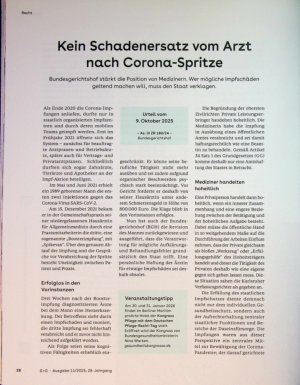 Vorschauseite 1: Kein Schadenersatz vom Arzt nach Corona-Spritze