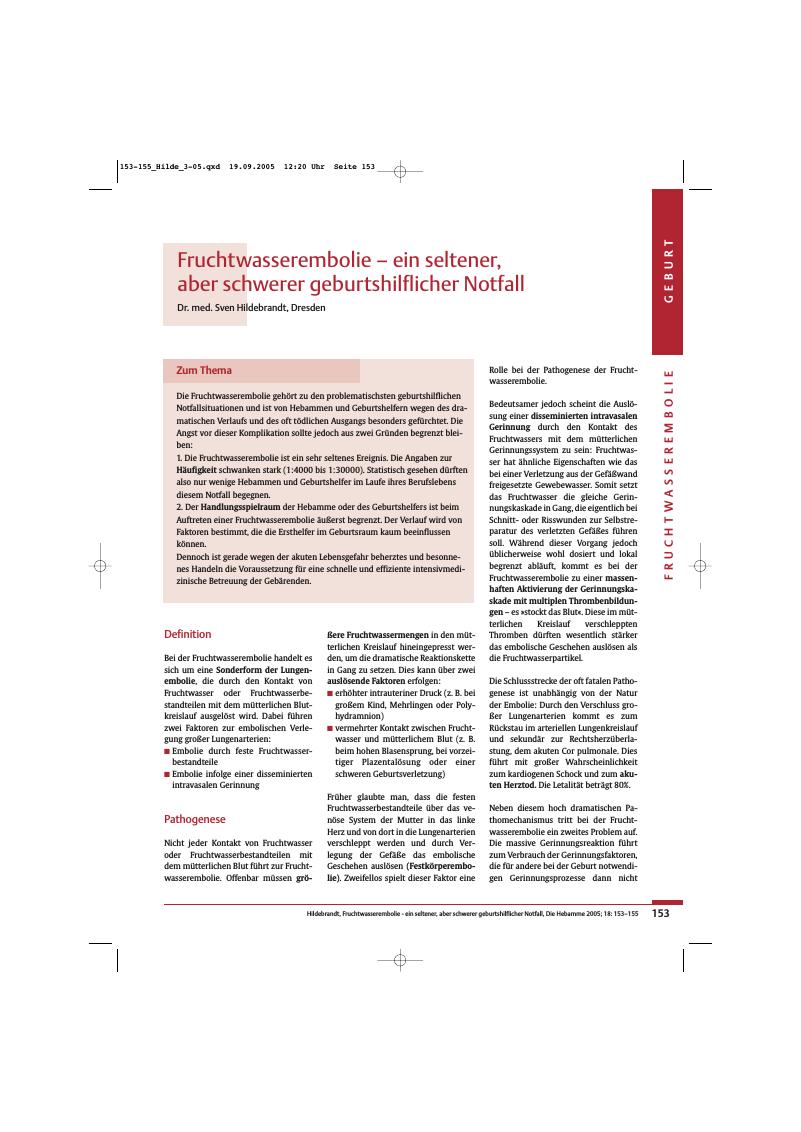 Vorschauseite 1: Fruchtwasserembolie - ein seltener, aber schwerer geburtshilflicher Notfall