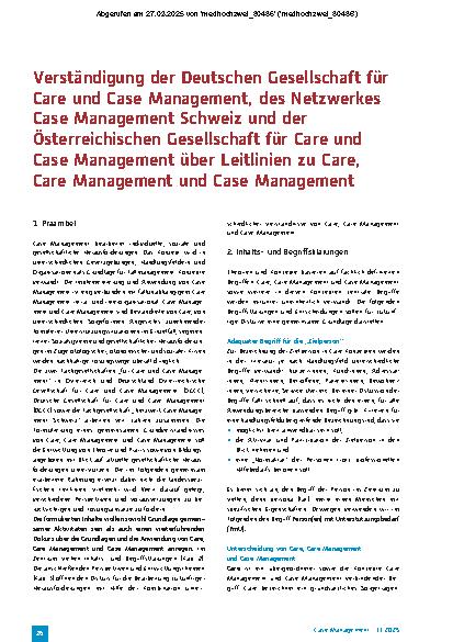 Vorschauseite 1: Verständigung der Deutschen Gesellschaft für Care und Case Management, des Netzwerkes Case Management Schweiz und der Österreichischen Gesellschaft für Care und Case Management üb…