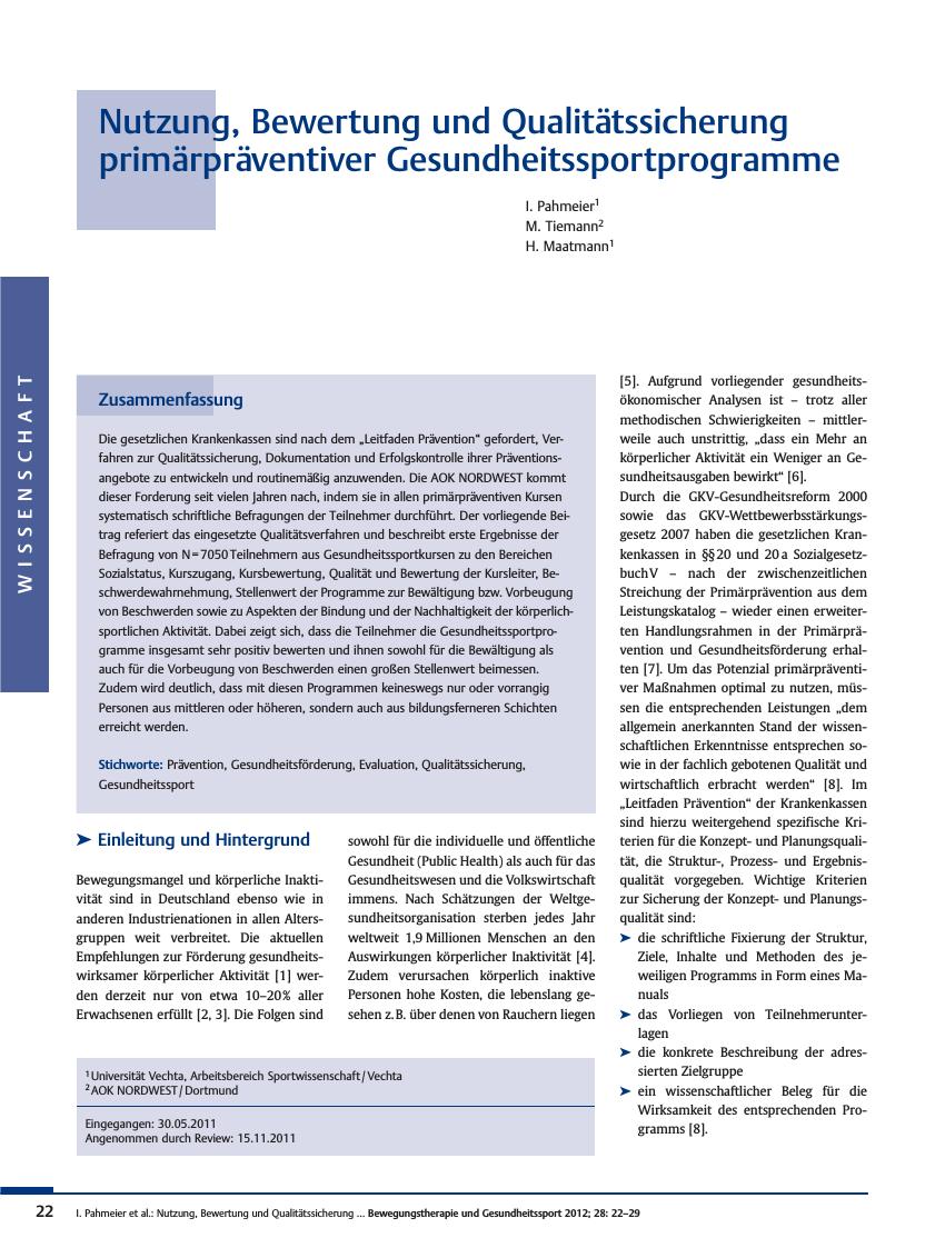 Vorschauseite 1: Nutzung, Bewertung und Qualitätssicherung primärpräventiver Gesundheitssportprogramme