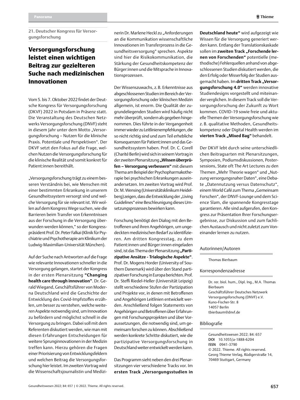 Vorschauseite 1: Versorgungsforschung leistet einen wichtigen Beitrag zur gezielteren Suche nach medizinischen Innovationen.