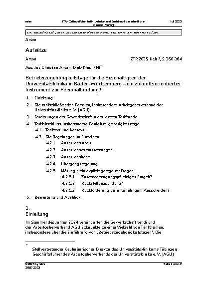 Vorschauseite 1: Betriebszugehörigkeitstage für die Beschäftigten der Universitätsklinika in Baden-Württemberg – ein zukunftsorientiertes Instrument zur Personalbindung?