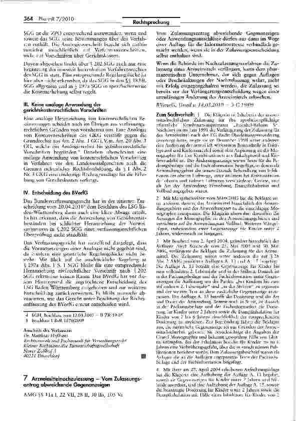 Vorschauseite 1: Arzneimittelnachzulassung — Vom Zulassungsantrag abweichende Gegenanzeigen AMG §§ lla I, 22 Vll, 28 II, 30 Ha, 105 Va