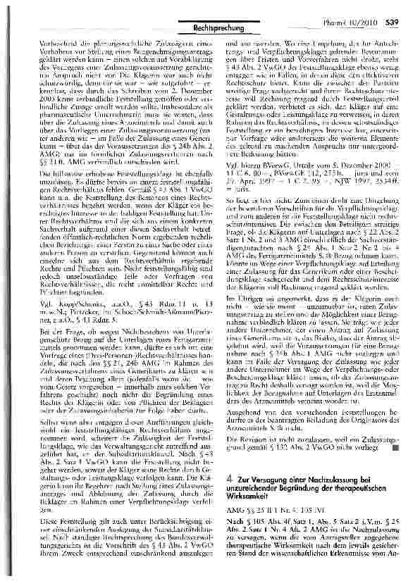 Vorschauseite 1: Zur Versagung einer Nachzulassung bei unzureichender Begründung der therapeutischen Wirksamkeit